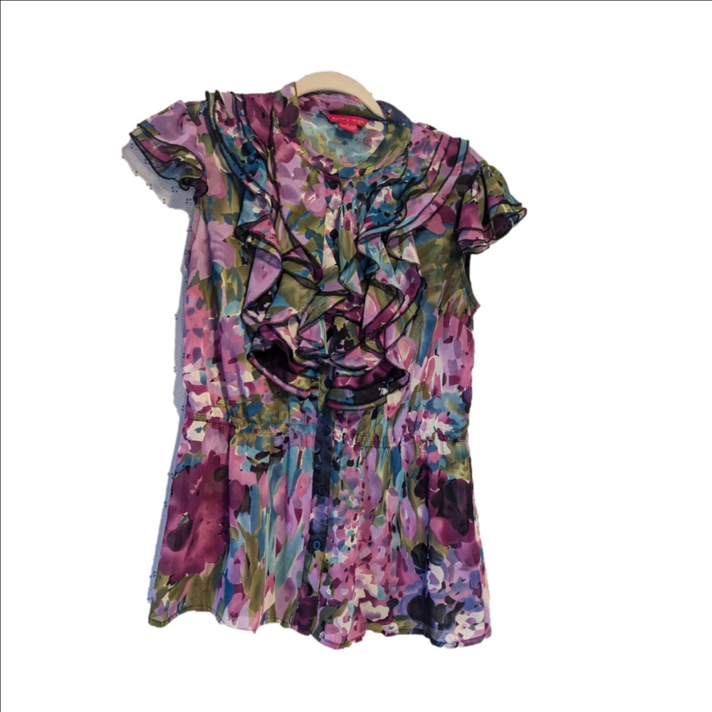 Sunny Leigh Blouse Floral Ruffles Cap sleeves,purple smocked waist feminine chic